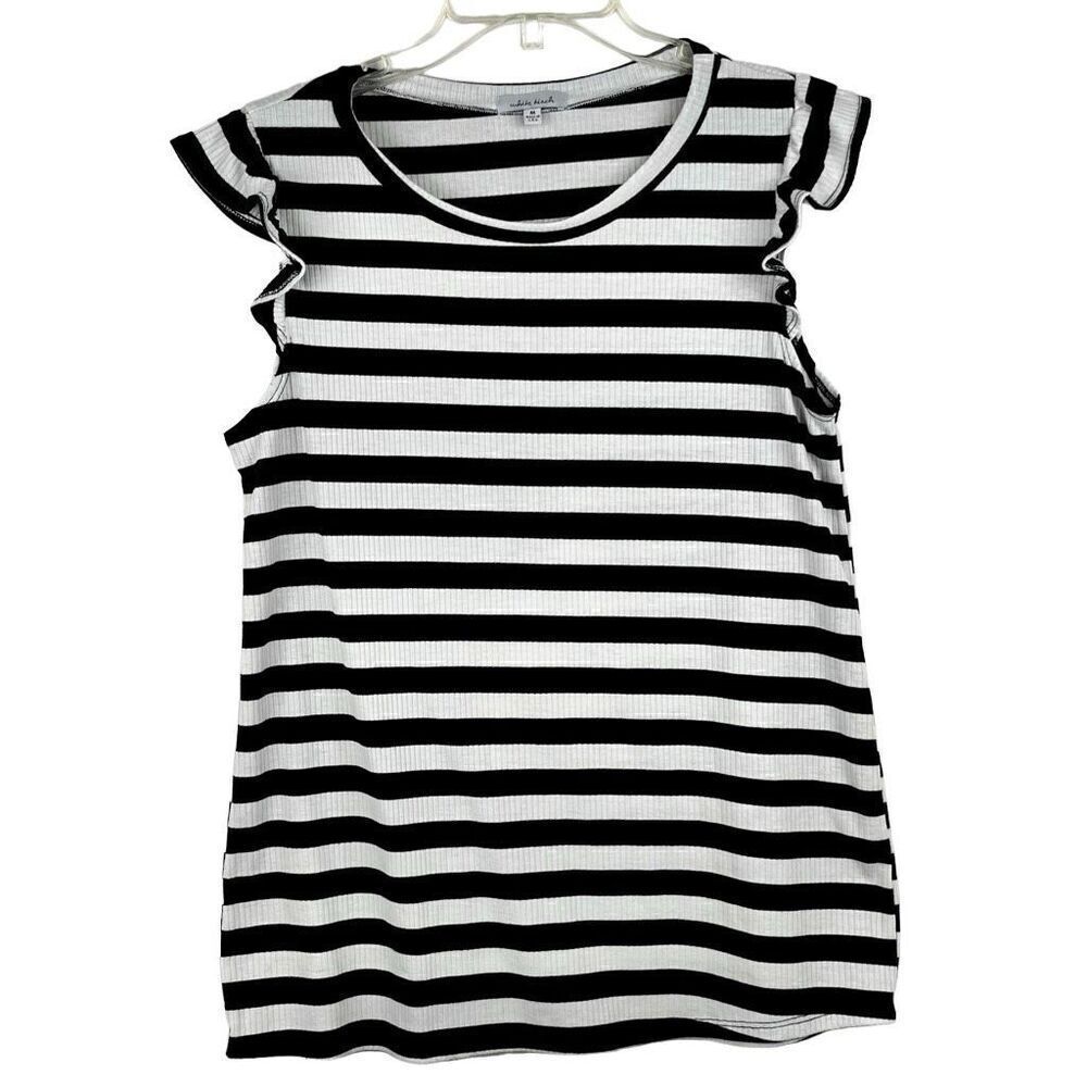 White Birch Black White Strip Sleeveless Ruffle Tank Medium